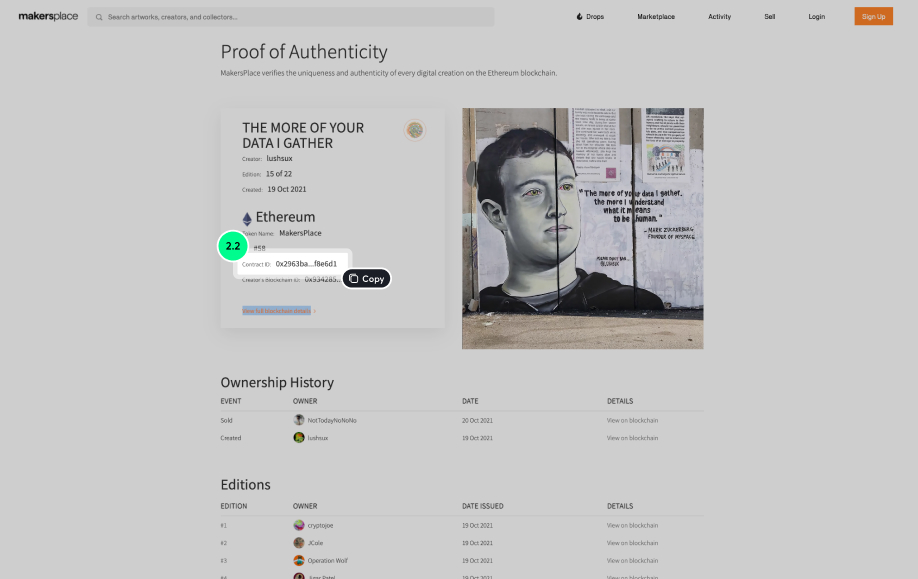 Copy the contract address (2.2) from the View Proof of Authenticity page: